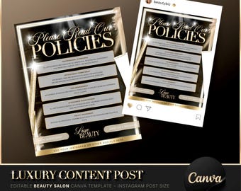 Luxury Gold & Black Booking Policy, Canva Template, Beauty Salon Flyer, Cancellation Policy, Late Arrival Policy, Editable Beauty Post