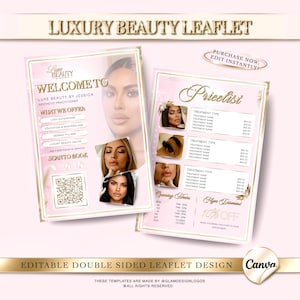 Op de afbeelding: Dubbelzijdig roze flyerontwerp voor een luxe schoonheidssalon. De flyer bevat afbeeldingen van vrouwen, een prijslijst en de tekst "Luxury Beauty Leaflet". Het bevat een QR-code en de tekst "Scan to Book".