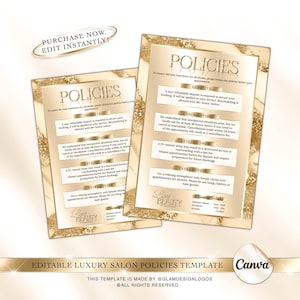 May include: Two gold-framed salon policies templates with text including "Policies", "Deposits", "Cancellations", and "Late/No Show". The templates have a marble-like background and gold glitter accents. The text "Purchase Now, Edit Instantly!" is also visible.
