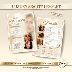 May include: A double-sided leaflet design with a luxury beauty theme. The leaflet features images of women and lists services such as lash extensions and dermal fillers. The design includes the text "Luxury Beauty Leaflet" and "Welcome To Luxe Beauty".