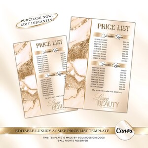 May include: A gold and white marble-effect price list template for a beauty salon. The template features the text "Price List" and "Service Type" with a list of services and prices. The template also includes the text "Luxe Beauty" and the text "The price list is valid from 01.01.2025".