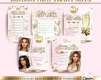 Luxury Gold & Pink New Year Posts, Canva Template, Editable Holiday Flyer,  Beauty Template, Beauty Salon Instagram Posts, Instagram Flyer