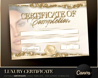 Luxury Gold & Beige Certificate Canva Template, Certificate of Completion, Training Academy, Printable Diploma, Beauty Academy Flyer