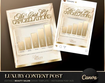 Luxury Gold & Beige Cost of Cancellations Post, Canva Template, Beauty Salon Flyer, Monthly Budget, Policy Template, Editable Instagram Post