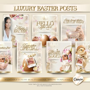 Puede incluir: Una colección de ocho plantillas de lujo de belleza para Pascua y primavera. Cada plantilla presenta una paleta de colores pastel suaves con acentos florales y de conejitos. El texto incluye "Felices Pascuas", "Hola Primavera" y "Cada conejito merece un pequeño capricho".