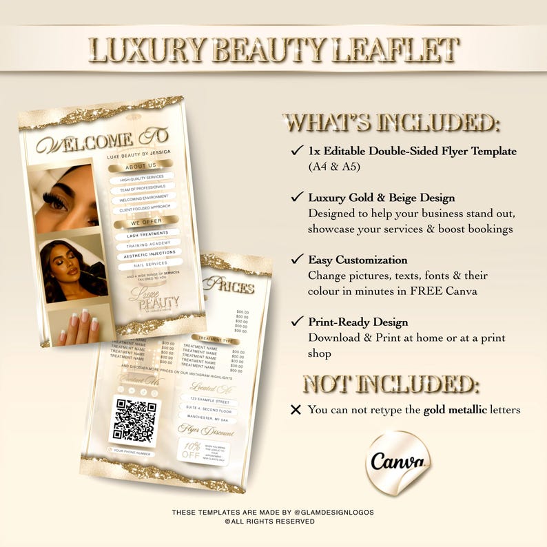 Luxury Gold & Beige Beauty Leaflet Canva Template, Editable Double ...