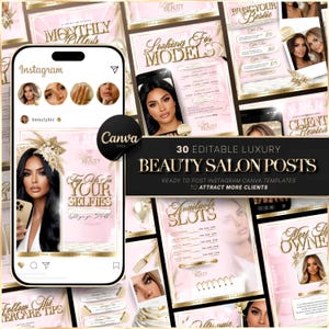 Könnte beinhalten: Eine Sammlung von 30 bearbeitbaren Luxus-Beauty-Salon-Instagram-Canva-Vorlagen. Die Vorlagen zeigen rosa und goldene Designs mit Bildern von Frauen und Texten wie "Monatliche Angebote" und "Suche nach Models".