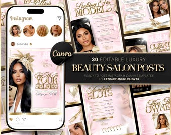 Luxury Gold & Pink Beauty Salon Posts, Canva Template, Beauty Social Media Kit, 30 Beauty Salon Flyer, Instagram Bundle, Beauty Branding