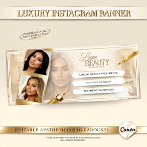 May include: A luxury Instagram banner with the text "Luxury Instagram Banner" in gold lettering. The banner features images of women and lists services such as luxury beauty treatments and aesthetic injections. The banner is editable.