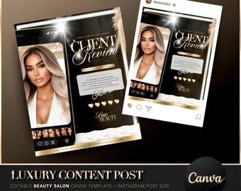 Luxury Gold & Black Client Review Canva Template, Editable Beauty Post, Salon Review, Beauty Salon Flyer, Instagram Post, Testimonial Post