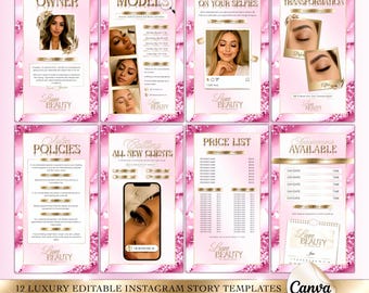 May include: A set of 12 luxury editable Instagram story templates in pink and gold. Each template features text and images related to beauty services, including before and after transformations, price lists, and booking information. The Canva logo is visible.