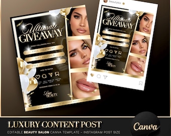 Luxury Gold & Black Giveaway Instagram Post, Canva Template, Beauty Giveaway, Editable Beauty Post, Salon Promotion, Beauty Salon Flyer