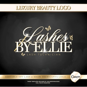 Könnte beinhalten: Goldenes und weißes Logo-Design auf schwarzem Hintergrund. Der Text lautet oben "Luxury Beauty Logo", mit "Lashes BY ELLIE" in einer stilisierten Schriftart. Die Worte "Lash Technician" stehen darunter. Schmetterlinge und eine Wimpernbürste sind enthalten.