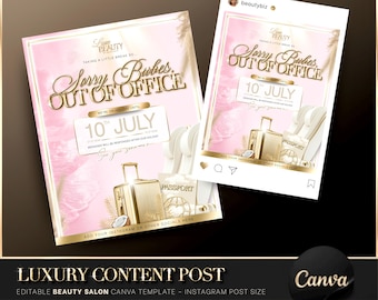 Luxury Gold & Pink Out of Office Canva Template, Vacation, Holiday, Summer Beauty Salon Flyer, Editable Beauty Post, Instagram Post
