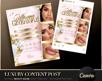 Luxury Gold & Pink Giveaway Instagram Post, Canva Template, Beauty Giveaway, Editable Beauty Post, Salon Promotion, Beauty Salon Flyer
