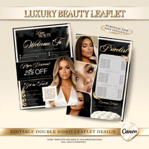 May include: A double-sided leaflet design with a black and gold theme. The leaflet promotes luxury beauty services, lash extensions, and dermal fillers. It includes a price list and a discount offer. The design features images of women with makeup.