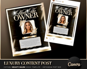 Luxury Gold & Black Meet the Owner Instagram Post, Canva Template, Beauty Salon Flyer, Editable Beauty Social Media, Lash Tech Template