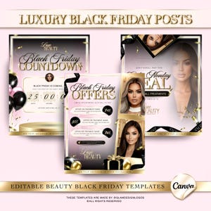 Puede incluir: Un gráfico promocional para Luxe Beauty con ofertas de Black Friday. El diseño incluye elementos rosas y dorados, con texto como "Black Friday Countdown" y "Monday Deal". La imagen también incluye el logotipo de Canva y el texto "Editable Beauty Black Friday Templates."
