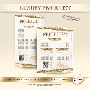 Może przedstawiać: Dwa edytowalne szablony cennika ze złotą brokatową obwódką i tekstem "Luxury Price List" na górze. Cenniki zawierają sekcje na nazwy zabiegów i ceny, z kodem QR i tekstem "Love Beauty".