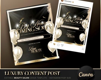 Luxury Gold & Black Announcement Canva Template, Beauty Salon Flyer, Instagram Post, Launch Post, Coming Soon Flyer, New Treatment Flyer