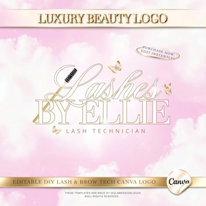 May include: A logo design with the text "Lashes BY ELLIE" in gold lettering, featuring a lash brush and butterflies on a pink cloudy background. The words "Luxury Beauty Logo" and "Lash Technician" are also present. Includes the text "Purchase Now, Edit Instantly!"