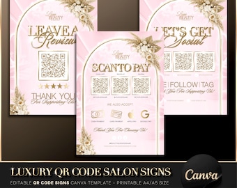 Luxury Gold & Pink QR Code Sign Canva Template, Scan to Pay, Leave a Review, Let’s Get Social, Beauty Salon Decor, Editable QR Code Poster