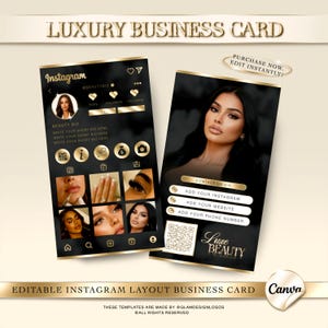May include: Black and gold business card design with a beauty theme. The card features a woman's image, Instagram layout, and contact information. Text includes "Luxury Business Card" and "Editable Instagram Layout Business Card."