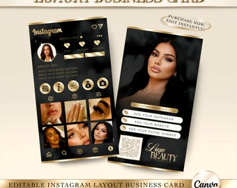 Luxury Gold & Black Instagram Business Card, Editable Beauty Canva Template, QR Code Beauty Branding Card, Lash Tech And Aesthetic Leaflet