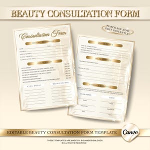 Lyxigt guld- och beige skönhetskonsultationsformulär, Canva-mall, redigerbar fransteknik och estetiskt samtyckesformulär, kundintag för skönhetssalong