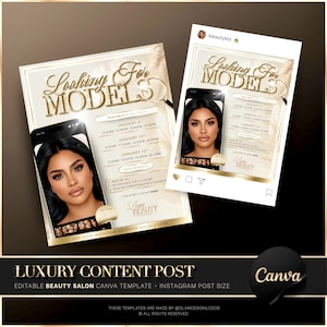 May include: Two Instagram-style posts with the text "Looking For Models" in gold script. The posts feature a woman's face on a phone screen, with available model slots listed. The bottom text reads "Luxury Content Post".
