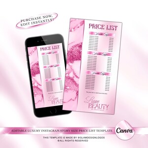 May include: Pink and white marble-textured Instagram story template with the text "Price List" and "Luxe Beauty" in a pink script font. The template includes a list of services and prices.