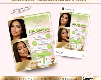 Luxury Gold & Pink Christmas Post, Canva Template, Editable Holiday Flyer, Beauty Template, Beauty Salon Instagram Posts, Instagram Flyer