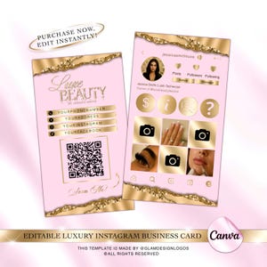 Gold & Pink bearbeitbare Instagram Visitenkarte Vorlage für Schönheitssalon, QR Code Karte, Canva Vorlage, druckbare Karte, Nagel, Lash, Make Up