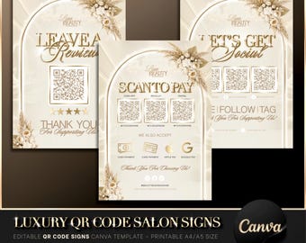 Luxury Gold & Beige QR Code Sign Canva Template, Scan to Pay, Leave a Review, Let’s Get Social, Beauty Salon Decor, Editable QR Code Poster
