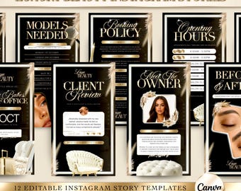Luxury Gold & Black Beauty Instagram Story Templates, Editable Salon Flyer Canva Template, Instagram Highlights, Lash Tech and Aesthetician