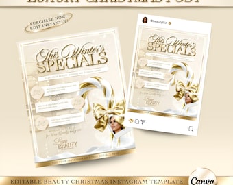 Luxury Gold & Beige Beauty Christmas Flyer, Editable Canva Template, Instagram Post, Beauty Template, Beauty Salon Flyer, Winter Offer Post