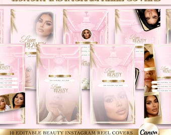 Copertine di lusso per Instagram Beauty in oro e rosa, modello Canva, momenti salienti di Instagram, storie IG, volantini di bellezza, tecnologia delle ciglia ed estetica