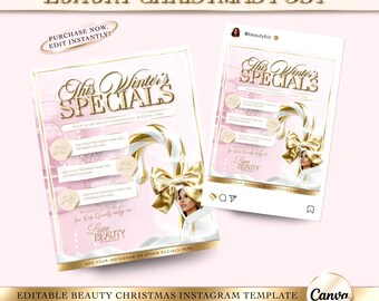 Luxury Gold & Pink Beauty Christmas Flyer, Editable Canva Template, Instagram Post, Beauty Template, Beauty Salon Flyer, Winter Offer Post