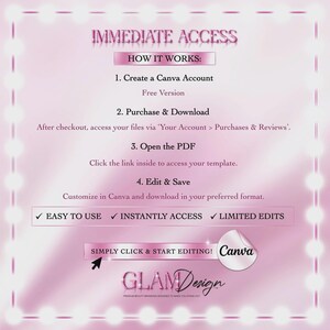 May include: Pink and white graphic with text: "IMMEDIATE ACCESS" and "HOW IT WORKS:" instructions. Includes steps for creating a Canva account, purchasing, downloading, opening a PDF, and editing. Features the Canva and GlamDesign logos.