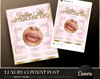 Luxury Gold & Pink Aftercare Instagram Post, Canva Template, Beauty Salon Flyer, Aftercare Instructions, Beauty Social Media, Client Card