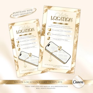 Puede incluir: Dos plantillas de historias de ubicación de salón en dorado y crema. Las plantillas incluyen el texto "Salon Location" y "Dónde encontrarnos", un gráfico de mapa e información de contacto. Diseñadas para redes sociales, indican la ubicación del salón.