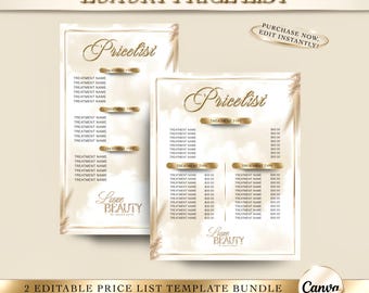 May include: Two editable price list templates with a luxury design. The templates feature the word "Pricelist" in elegant script, with sections for treatment names and prices. The design includes gold accents and the text "Luxury Price List".