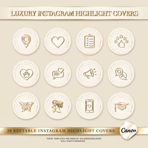 May include: A set of 28 editable Instagram highlight covers with gold icons on a cream background. Icons include a location pin, heart, checklist, stars, paw print, speech bubble, megaphone, question mark, butterfly, profile, phone, and graduation cap.