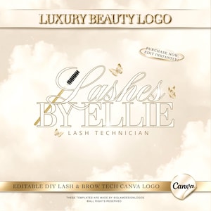 May include: A logo design with the text "Luxury Beauty Logo" at the top. The logo features the words "Lashes by Ellie" in a stylish font, with a lash brush and butterflies. The text "Lash Technician" is below. The design includes the text "Editable DIY Lash & Brow Tech Canva Logo".