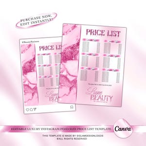 May include: Pink and white marble background with a price list for beauty services. The price list is titled "Price List" and includes a list of services and prices. The text "Luxe Beauty" is at the bottom of the page.