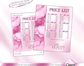 May include: Pink and white marble background with a price list for beauty services. The price list is titled "Price List" and includes a list of services and prices. The text "Luxe Beauty" is at the bottom of the page.
