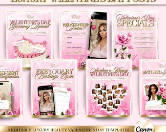 Luxury Gold & Pink Valentine's Day Instagram Templates, Canva Template, Editable Beauty Salon Flyer, February Salon Marketing, Beauty Posts
