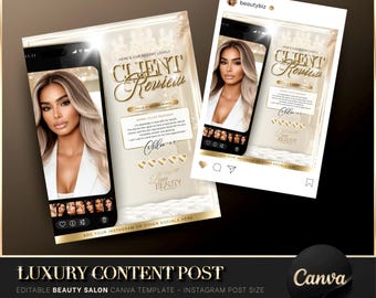 Luxury Gold & Beige Client Review Canva Template, Editable Beauty Post, Salon Review, Beauty Salon Flyer, Instagram Post, Testimonial Post