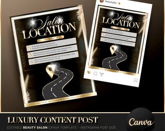 Luxury Gold & Black Beauty Salon Location Template, Canva Template, Where To Find Us, Beauty Flyer, Beauty Post, Instagram Post Template