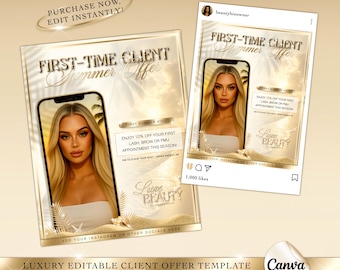 Plantilla de Canva con oferta de verano de lujo, publicación editable en Instagram en dorado y beige, para salón de belleza, folleto de vacaciones, contenido de belleza para redes sociales.